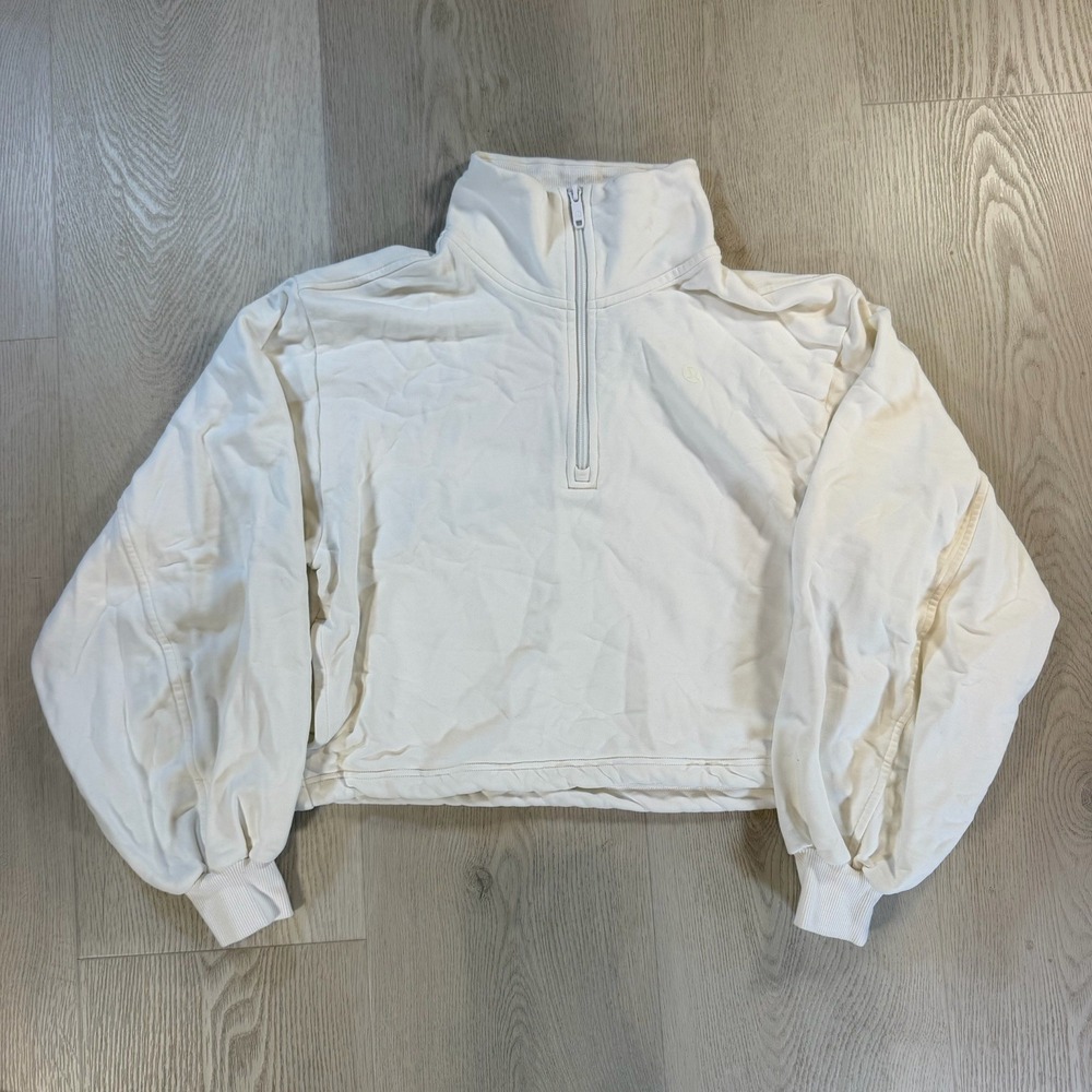 LULULEMON COTTON TERRY Tennis Half Zip Womens Large White Cropped Pullover